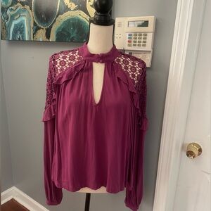 Free People long sleeve blouse crochet shoulders smocked collar Berry pink S 4